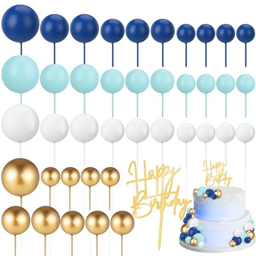 Vyuwast 41Pcs Cake Balls Topper Decorations Blue Gold Balloons Cupcake Topper Foam Balls with Happy Birthday Cake Decorating Kits for Birthday Wedding Party(Blue White)