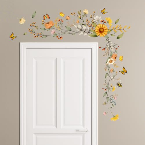 Tanlaby Plants Floral Wall Stickers, Flowers Butterfly Wall Decals, Self-Adhesive Mural Removable Wall Art Sticker for Bedroom Living Room Door Wall Decor