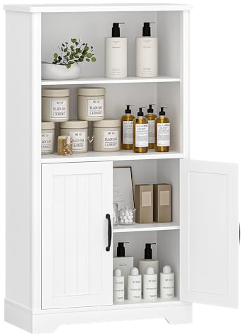 Hzuaneri Badezimmerschrank, Badschrank, Freistehender Doppeltürschrank, 2 Verstellbare, Bewegliche Einlegeböden, Multifunktionsschrank, für Wohnzimmer, Badezimmer, Küche, Weiß SC18513X