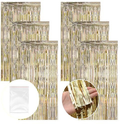 ZOCONE 6 Pack Champagne Gold Curtain Tinsel Curtains 6.6ft x 3.3ft Foil Fringe Curtain Tinsel Backdrop Door Curtain Party Decoration, Champagne Gold Foil Curtain Backdrop for Birthday Curtain Party