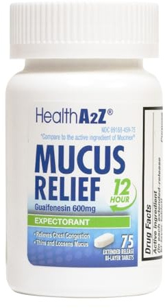 HealthA2Z® Mucus Relief | Guaifenesin 600 mg | 12 Hour | No Benzene | Expectorant | Relieves Chest Congestion | Thins and Loosens Mucus | Extended Release (75 Counts)