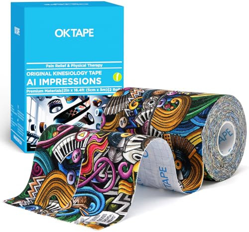 OK TAPE Nastro Kinesiologico Tape Sportivo Stampato Sport Tape per Atleti Ridurre il Recupero Danni Dolori, Rotolo Uncut 5cm x 5m, 2 Rotoli, DIY