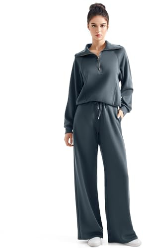 SUUKSESS Women 2 Piece Lounge Matching Sets Wide Leg Sweatpants Half Zip Oversized Sweatshirts (Dark Storm, M)
