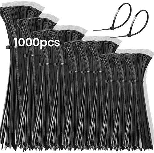 1000 Pack Black Zip Ties, 100/150/200/250/300mm Heavy Duty Nylon Tie Wraps, Extra Long Cable Management Ties for Wires, Home, Office, Garden, Outdoors