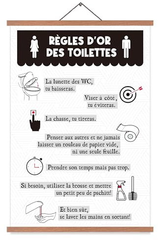 EASTJOY Tableau des Règles des Toilettes, Règles d'Or des Toilettes, Décoration WC, Affiche à Suspendre, avec Porte-Affiche en Teck, Cadeaux Créatifs, DIN A2 (60 x 40 cm)