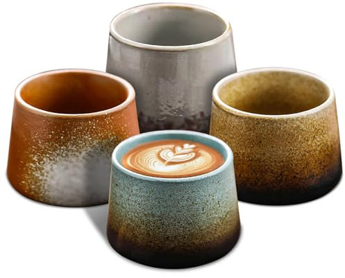 WIYETY Set di 4 tazzine da caffè in ceramica retrò, fatte a mano, 190 ml, piccole tazze da espresso, con pareti spesse, per espresso, moka, macchiato, tè (ceramica grossa)