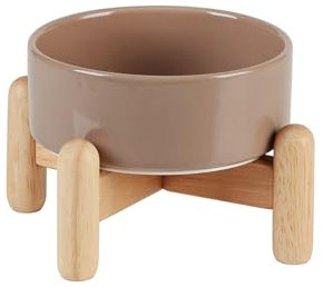 Havniva Keramik 13cm erhöhtes Hunde- und Katzennapf-Set, mit Holzständer, Futter- und Wassernapf für Hunde der Spielzeugrassen, Katzen, Kätzchen, gewichtete Hundenäpfe(400ml, Brauner Kaffee)