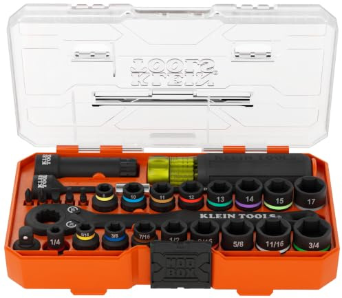 Klein Tools 65400KNECT KNECT Essential Pass Through Impact Socket Set, SAE and Metric, 90-Tooth Ratchet, MODbox Case, 3/8-Inch Drive, 28-Piece