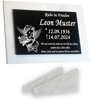 Generisch Grabstein Granit auf weißem Marmor mit Stützen 40x30cm Gravur Wunschtext+Inschrift+Versiegelung Grabplatte Urnengrabstein Motiv Engel SB10