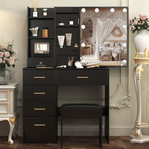 Teousev Schminktisch mit Beleuchtung und Spiegel, Einstellbarer Helligkeit, Frisiertisch mit Hocker, Kosmetiktisch mit 6 Schubladen und 6 Ablagen, 80X36X131Cm, Schwarz, JR281216