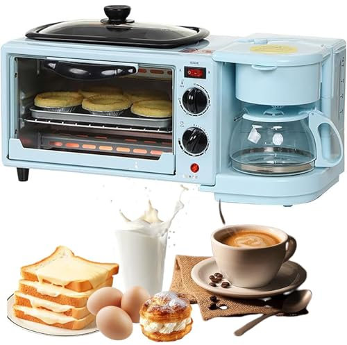 Machine à Petit-déjeuner électrique 3 en 1, Station de Petit-déjeuner multifonctionnelle de 1050 W avec cafetière, contrôle de la température de 100 à 230 ° et minuterie de 30 Minutes, Mini-Four Blue