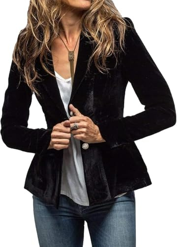 Veste Blazer en Velours Vintage pour Femmes Veste Cardigan à Manches Longues à Revers Décontracté à La Mode Boutons Courts avec Poches Veste Vêtements De Travail élégants (Noir,L)