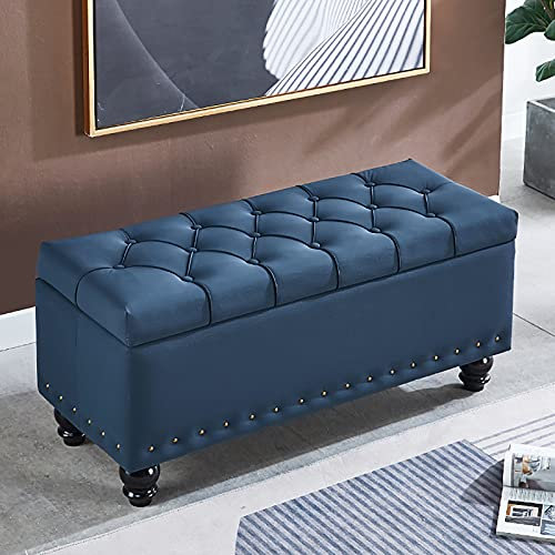 MNIHSFRTY Moderner Ottomane Premium Luxuriöses Kunstleder mit gepolstertem Stauraum Fußhocker Schuhwechselhocker für Wohnzimmer Schlafzimmer Eingangsbereich Flur-Blau 80x40x45cm(31x16x18inch