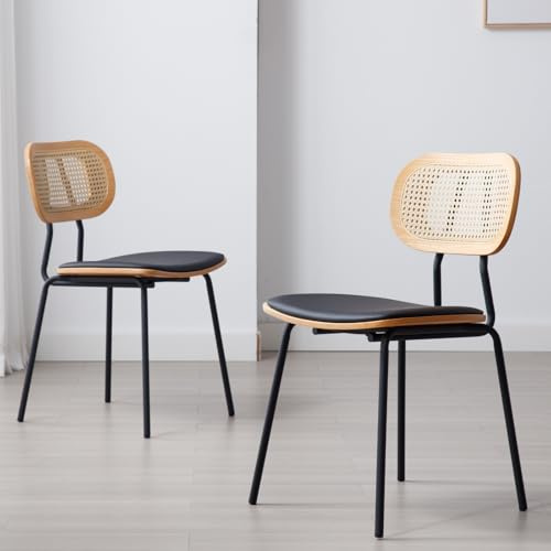 Ya-Home Rattan Dining Chairs Set of 2 Accent Kitchen Chairs with Metal Legs for Dining Room/Restaurant, Black