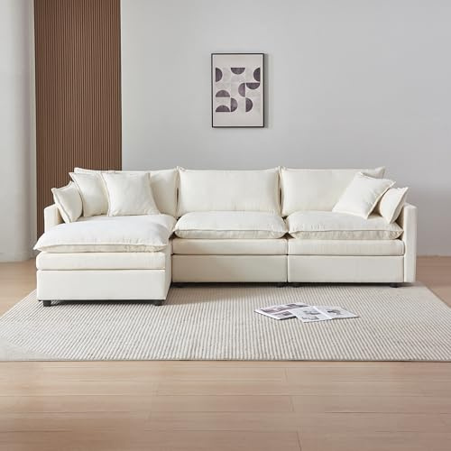 A ALFRESCOOL Sofa mit Schlaffunktion, Ecksofa Polstermöbel, Sofa 4 Sitzer, Sofa mit Fußstütze, L-Form Couch, Schlafsofa für Wohnzimmer, Chenille-Stoff, 276x75x89 cm (Beige)