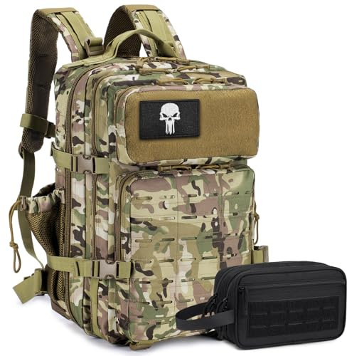 BAGROUPS 45L Vandringsryggsäck Herrar Vattenåterhållande Militär Taktisk Ryggsäck 3 Dagar Armé Assault Pack Bag Med 17 Tum Laptop Kabin Bärbar Dagsryggsäckar för Överlevnad Camping Utomhus Cykel Khaki