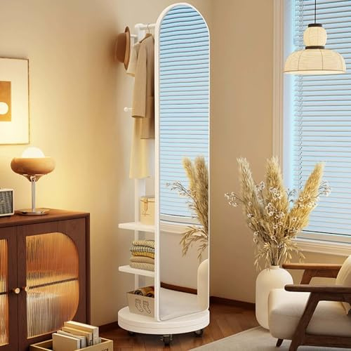 Specchio a Figura Intera con Appendiabiti, Specchi da Terra con Ruote Girevoli, Girevole a 360° e 3 Livelli Stoccaggio, Specchio a Corpo Intero per Soggiorno, Camera da Letto
