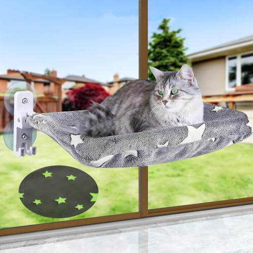 Hamac de fenêtre pliable pour chat - 52 cm - Gris - Motif étoiles brillantes - Taille L : 52 cm