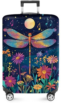 ANNA QUEEN Magical Dragonfly Luggage Cover, Night Sky with Bright Colors and Flowers, Stretchable, Washable Travel Protector for 20-22 Inch Suitcases