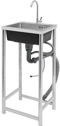 Lavabo autonome en acier inoxydable avec robinet et planche d'évacuation - 45 x 41 x 75 cm - Grand évier monobac avec tuyau de vidange, robinet rotatif et système anti-odeurs pour le linge