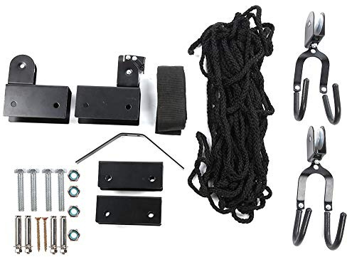 RASTKY Multi-Function Kayak Hoist Garage Storage - Elevate and Secure Kayaks and Canoes with Rubber Coated Hooks, Easy to Install Ceiling Mount, and Heavy-Duty Pulley System to 125 Lbs