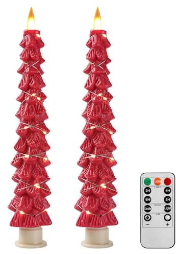 Christmas Tree Candles Surrounded by Fairy Lights, LED flameless Candle Lights with Remote Control Timing Function. red
