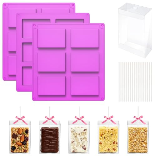 3PCS Rice Crispy Treat Silicone Mold with 35 Boxes & Sticks, Chocolate Mold | Rice Crispie Treats Wrappers Kit, 3PCS Crispy Cereal Bar Silicone Mold, 35 Clear Baking Container, 35 Cake Pop Sticks, Party