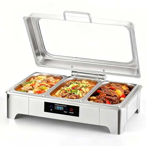 Zertylre Elektrischer Chafing Dish, 9L Edelstahl Speisewärmer, Buffetwärmer Einstellbare Temperatur, Warmhaltebehälter Essen Elektrisch mit Sichtbarem Glasdeckel für Büfetts und Bankette, 1/3 Pan