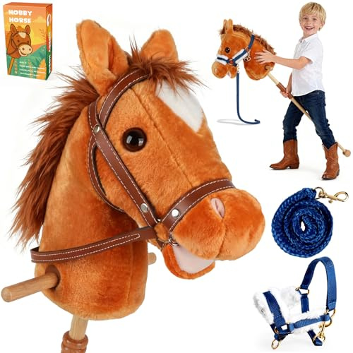 LumenVela Hobby Horse, Steckenpferd Kinder Braun, Holzpferd für Draußen mit Hobby Horse Trense, Räder und Griffe für Garten, Geburtstag & Reitspiele (Braun)