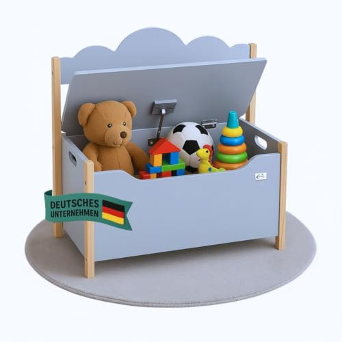 Coemo Spielzeugtruhe mit Sitzbank, Holztruhe Grau Trudi 60×26×55 cm | Kinderzimmer Bank mit Stauraum, Spielzeugkiste mit Sicherheitsscharnier, kindgerechte Sitzhöhe, dekoratives Wolken-Design