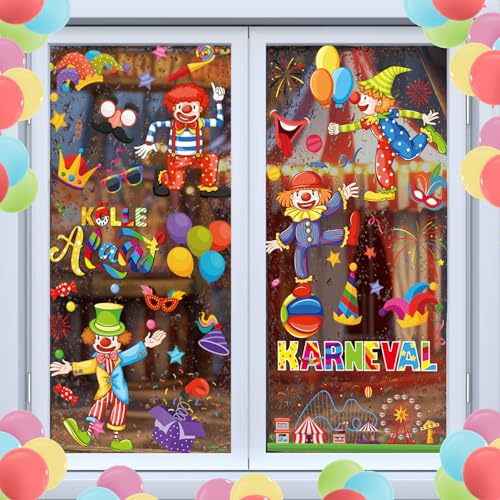 Aufkleber Clown Fenster, 9 Blatt Fensterbilder Selbstklebend Fasching, Fensterbilder Kölner Karneval, Wiederverwendbare Clown Statisch Fensteraufkleber, für Karneval Fasching Zirkus Deko