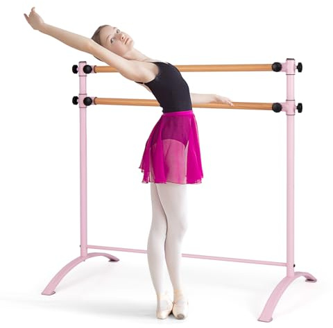 COSTWAY Barre de Danse Classique Double Autoportante pour Enfants Adultes, Barre de Ballet sur Pied 120 cm Hauteur Réglable Ø 38 mm en Bois de Hêtre Pose Libre pour Yoga, Exercice (Rose)