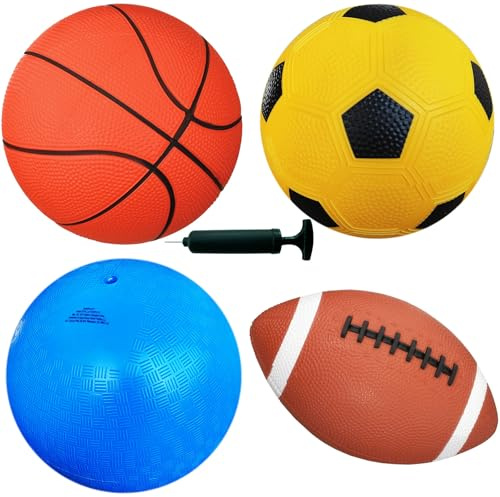 AppleRound 4-Pack Sports Balls for Toddlers & Kids with Pump – 5-Inch Soccer Ball, Basketball, Playground Ball & 6.5-Inch Football – Soft Small Balls for Indoor/Outdoor Play (Ages 2-7)