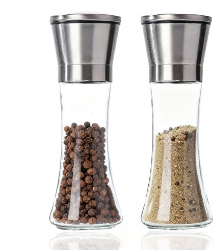 Salt and Pepper Grinder Set, Refillable Manual Spice Mills | Refillable Salt and Pepper Grinder Set with Adjustable Ceramic Core, Glass Body and Stainless Steel Top for Everyday Cooking