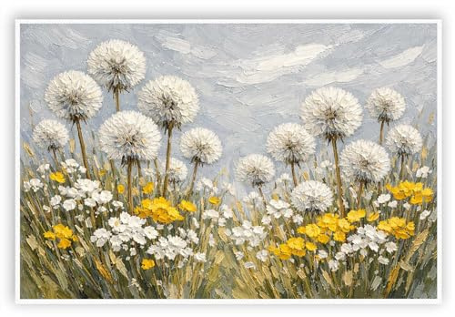 Dandelion Seed Head Field Canvas Print Fluffy White Flowers Yellow Blossoms Spring Meadow Sky Wall Art Farmhouse Nature Decor-Unframed-12x18inch