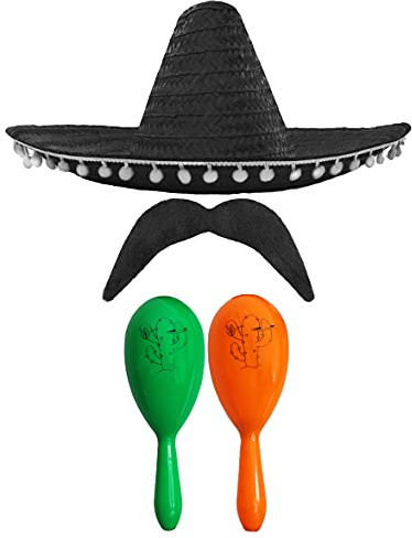 Mexikansk underbar klänning tillbehörsset – Mexikansk SOMBRERO med maracas och tvättning – (svart POM POM SOMBRERO + grön och orange maracas)