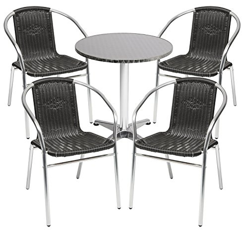 Mojawo® Bistrogarnitur 5-teilig Bistrotisch Aluminium 60x60cm H70cm / 110 cm höhenverstellbar + 4 Stapelstühle Aluminium/Rattan Schwarz