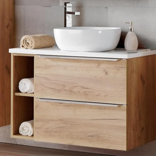 Lomadox Badmöbel Waschtisch-Unterschrank Set mit Regal, Wotan Eiche mit Hochglanz weiß, 41cm Keramik Waschbecken, 2 Softclose-Schubkästen, B/H/T ca, 81/74,5/46 cm