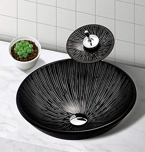NANXCYR Badezimmer Künstlerische Waschbecken aus Glas über Gegen Moderne Glas-Badezimmer Vanity Basin Bowl Spa mit Pop-up-Drain und Wasserfall-Hahn-Schwarzweiss,Schwarz,B
