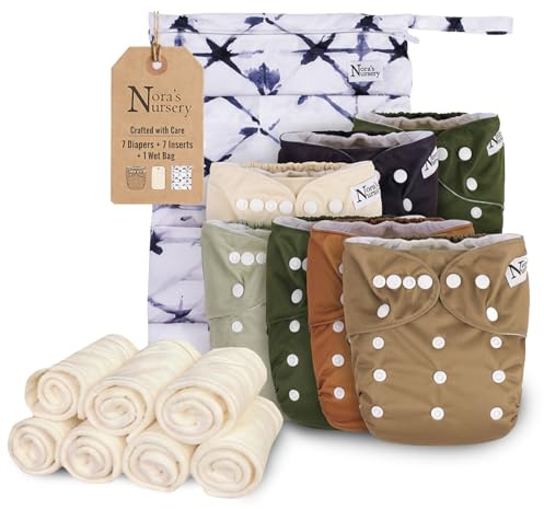 Nora's Nursery Cloth Diapers for Babies (Down to Earth) – 7 Adjustable Baby Reusable Diapers, 7 Inserts & 1 Wet Bag From Newborns to Toddlers – One-Size Pocket No-Leak, Washable Design to Reduce Waste