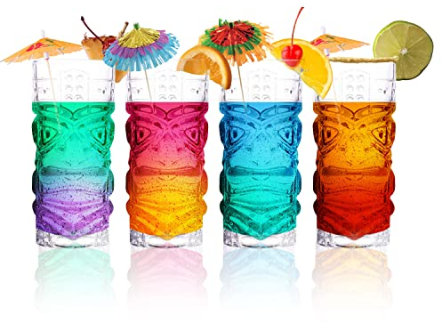 Clear Tiki Glasses, Set of 4 - 450 ML - Perfect for Exotic Cocktails, Lemonade, Ice Tea, Mixed Drinks- Exotic Zombie, Rum, Mai Tai, Pina Colada, Punch, Hurricane, Bar Drinkware