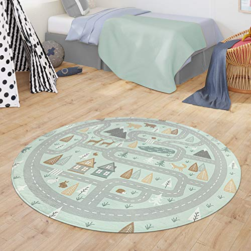 TT Home Teppich Kinderzimmer Kinderteppich Babymatte Straßen Motiv Tiere Wald Haus Junge, Farbe:Türkis, Größe:150 cm Rund
