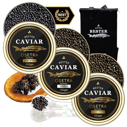 BESTER CAVIAR Luxury Osetra Trio Gift Set – 3 Tins (3.5 oz Each) – Karat Black, Karat Amber & Siberian Osetra – Caviar Serving Set with Mini Blinis (30 pcs), 3 Spoons & Cooler Box