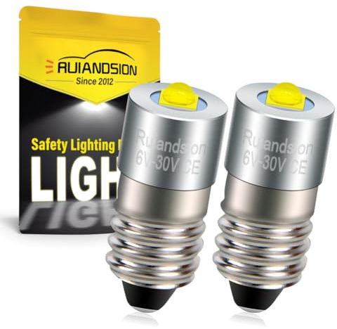 Ruiandsion E10 Sockel LED Taschenlampen-Birne 6-24V 6V 9V 12V 18V 19,2V 24V Upgrade für Taschenlampen Fahrrad Arbeitsleuchten, Polaritätsfrei (2er Pack)