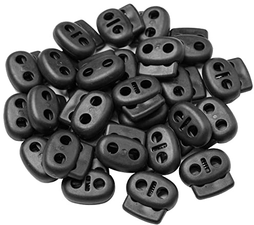 GUYI GYGYL 30 Stück schwarze Kunststoff-Kordelschlösser, Endknebelverschluss, Doppelloch-Federstopper, Knebelenden, perfekt für Kordelzüge, Taschen, Kleidung, Paracord und mehr