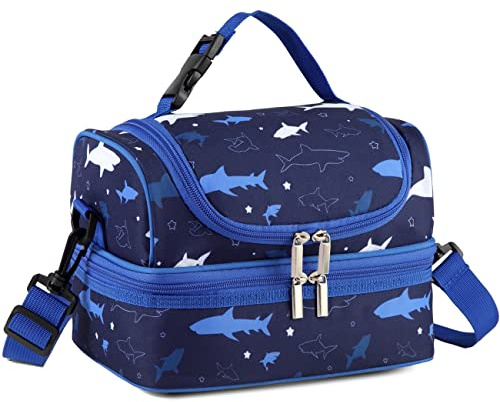 VASCHY Kühltasche für Mahlzeiten für Kinder, Jungen, tragbare Lunchtasche mit separaten Fächern, wiederverwendbar, Lunchtasche mit verstellbarem Schultergurt, Schule und Picknick (blauer Hai)