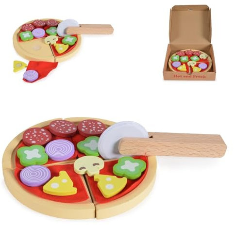 Moni Kinder Pizza-Spielset 4221 Holz Pizzaschneider Pizzastücke Selbstverschluss rot