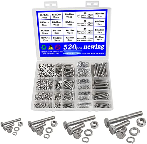 newlng 520pcs M3 M4 M5 M6 Angolo Esterno Esagonale Bulloni e Dadi Rondelle Viti a Testa Esagonale in Acciaio Inossidabile 304 Kit Viti e Bulloni Macchina Viti Esagonali Assortimento Kit Viti e Bulloni