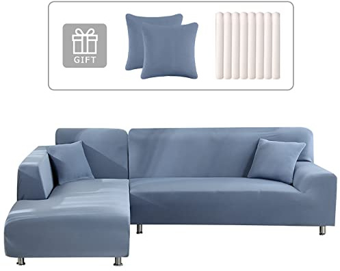 Lydevo Sofabezug Ecksofa L Form Sofa Überwürfe Stretch Sofabezug L Form Rechts oder Links mit Zwei Kissenbezügen Waschbar Universal-Couchbezug L Form Sofa Cover L Shape(1 Sitzer+2 Sitzer,Blau Grau)