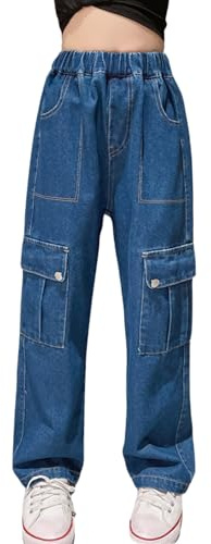 Rolanko Girls Baggy Cargo Jeans, Pantalones Vaqueros Elásticos de Cintura Alta con Pierna Ancha y Corte de Bota Vintage para Niños, Azul Oscuro, Tamaño: 160